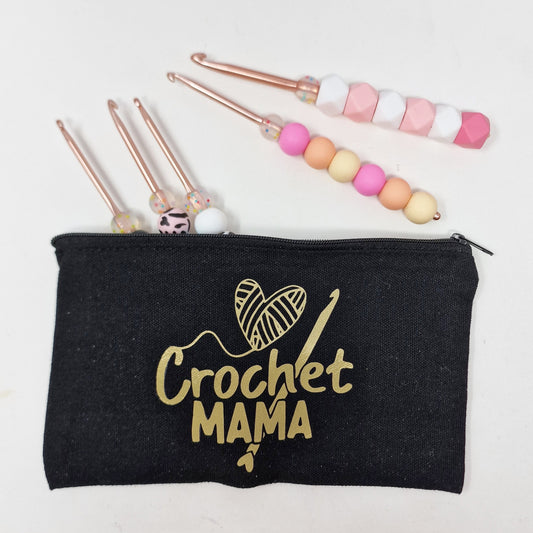 Black/gold crochet mama zipper case